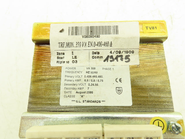 Transformer 1Ph 350VA 0/400/460/480v Pri 0/24/50v Sec Class A