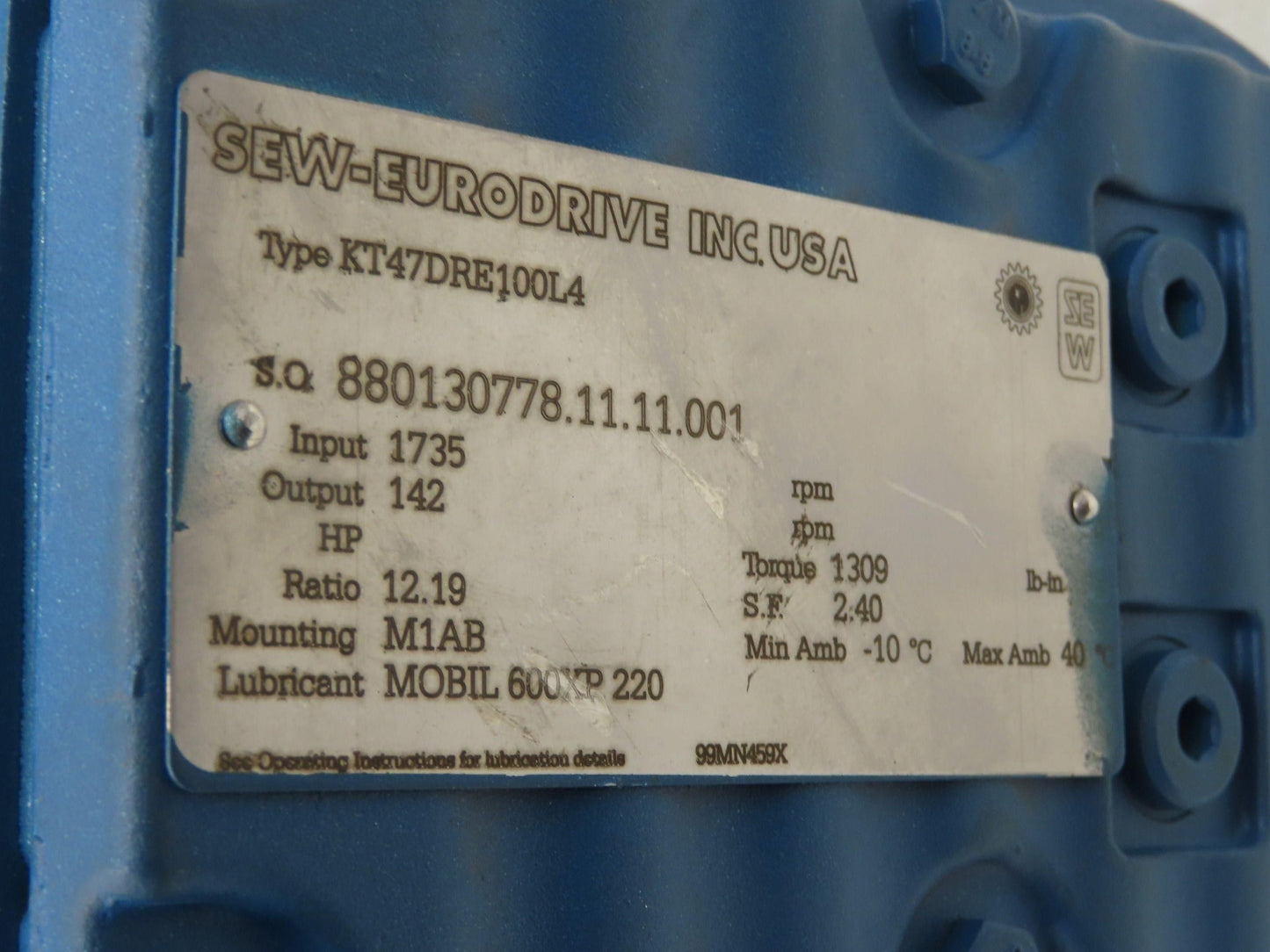 Sew Eurodrive KT47 DRE100L4 Gearmotor 12.19 Reducer 142rpm 3Hp 460V Hollow Shaft