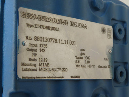 Sew Eurodrive KT47 DRE100L4 Gearmotor 12.19 Reducer 142rpm 3Hp 460V Hollow Shaft