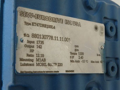 Sew Eurodrive KT47 DRE100L4 Gearmotor 12.19 Reducer 142rpm 3Hp 460V Hollow Shaft