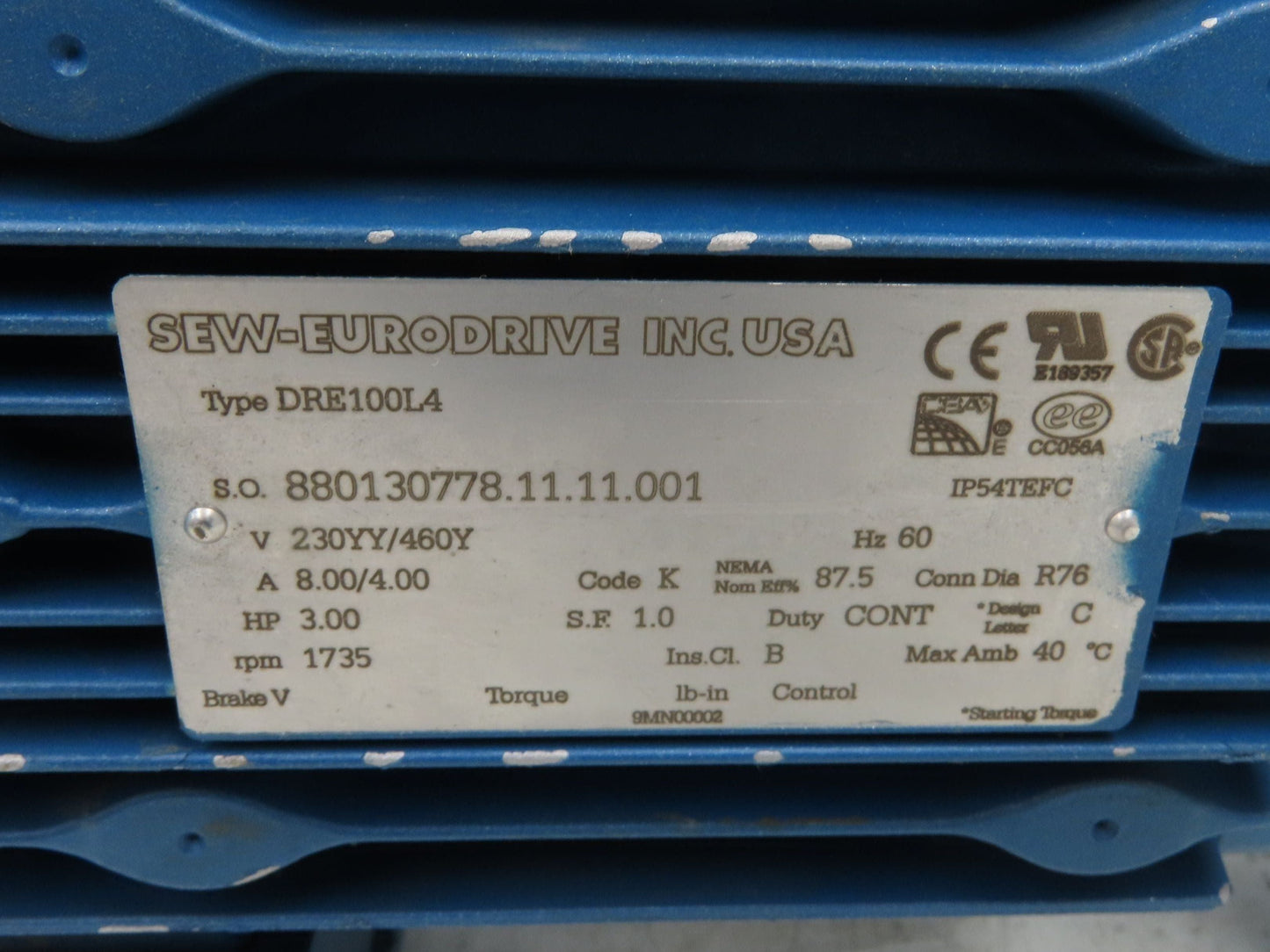 Sew Eurodrive KT47 DRE100L4 Gearmotor 12.19 Reducer 142rpm 3Hp 460V Hollow Shaft