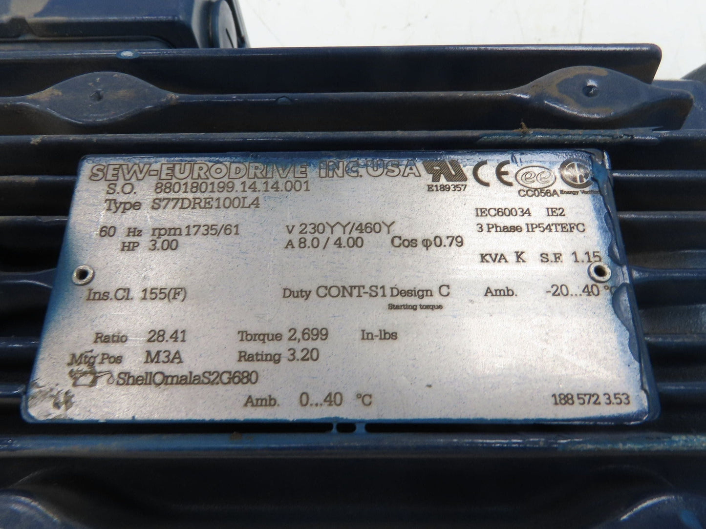 Sew Eurodrive S77 DRE100L4 Gearmotor 28.41 Reducer 61rpm 3Hp 230/460V LH Output