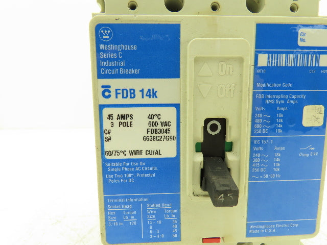Westinghouse FDB3045 FDB 14k Circuit Breaker 45A 3 Pole 480V