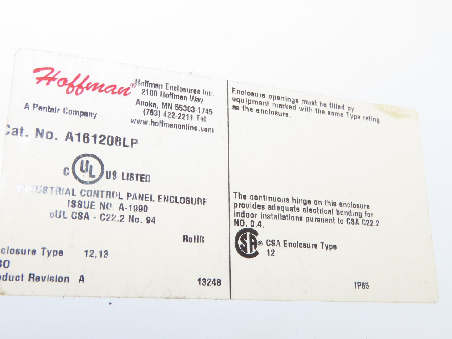 Hoffman A161208LP Electrical Enclosure 16x12x8" JIC Box Backplate Type 12