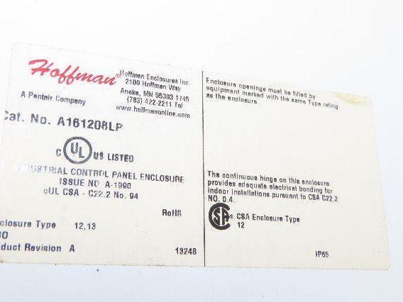 Hoffman A161208LP Electrical Enclosure 16x12x8" JIC Box Backplate Type 12