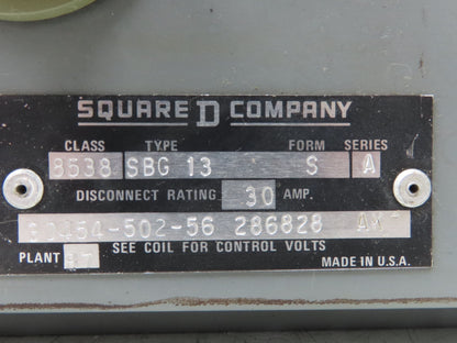 Square D 8538SBG13 Combination Motor Starter Size 0 NEMA 5Hp 600V 30A Fused