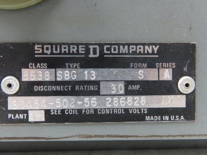 Square D 8538SBG13 Combination Motor Starter Size 0 NEMA 5Hp 600V 30A Fused