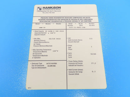 Hankison DHW-10 Desiccant Compressed Air Dryer 115V 10 SCFM @100 PSI