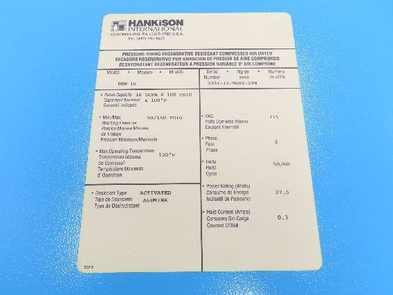 Hankison DHW-10 Desiccant Compressed Air Dryer 115V 10 SCFM @100 PSI