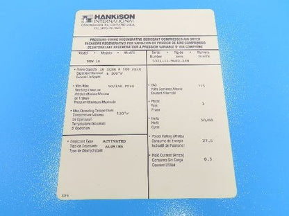 Hankison DHW-10 Desiccant Compressed Air Dryer 115V 10 SCFM @100 PSI