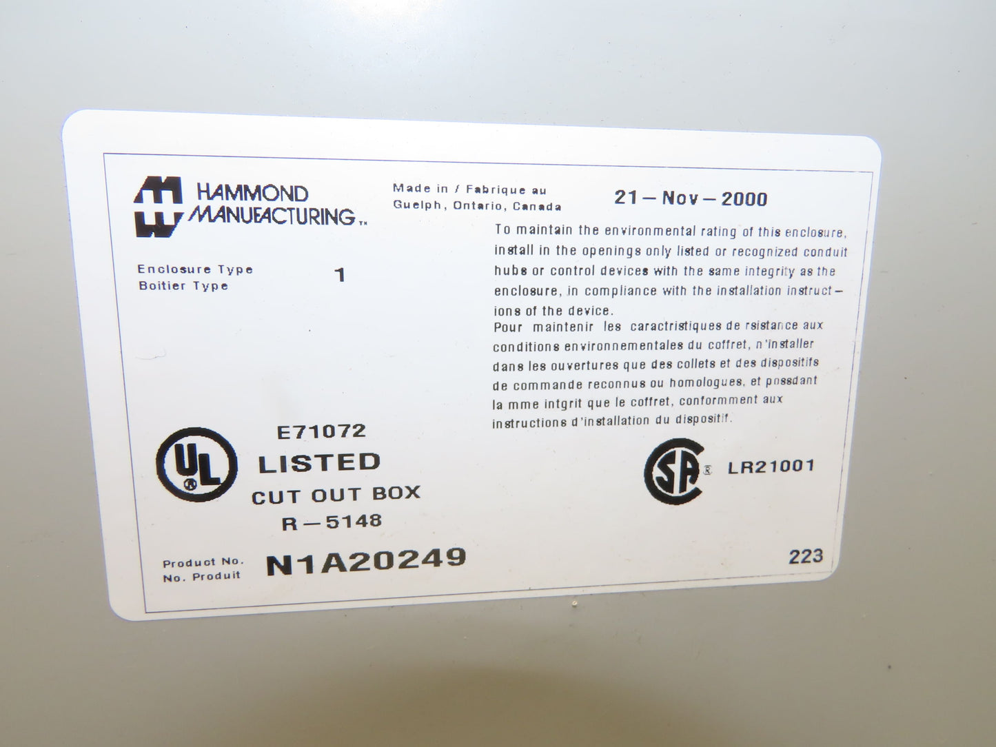 Hammond N1A20249 Electrical Enclosure 20x24x9" Control Panel Backplate