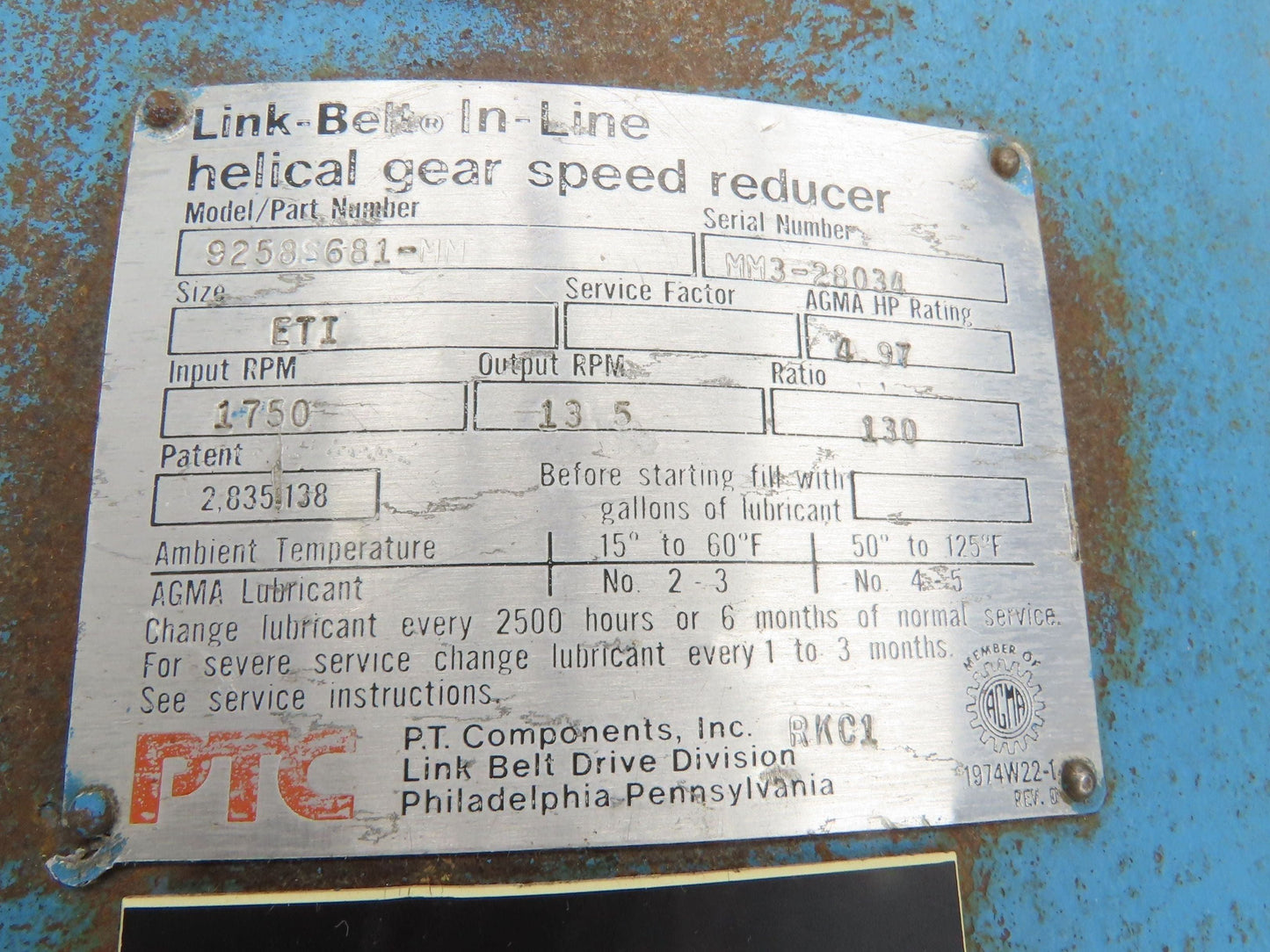 Link-Belt Inline Gearmotor 130:1 Reducer 13.5rpm 3Hp 460V 3PH Brake Motor 182TC