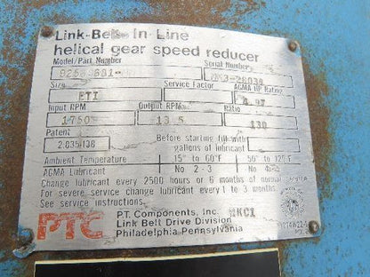 Link-Belt Inline Gearmotor 130:1 Reducer 13.5rpm 3Hp 460V 3PH Brake Motor 182TC