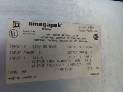 Square D 8803 P00CO4R Omegapak VFD AC Drive 75Hp 55kw 460V 3Ph Constant Torque