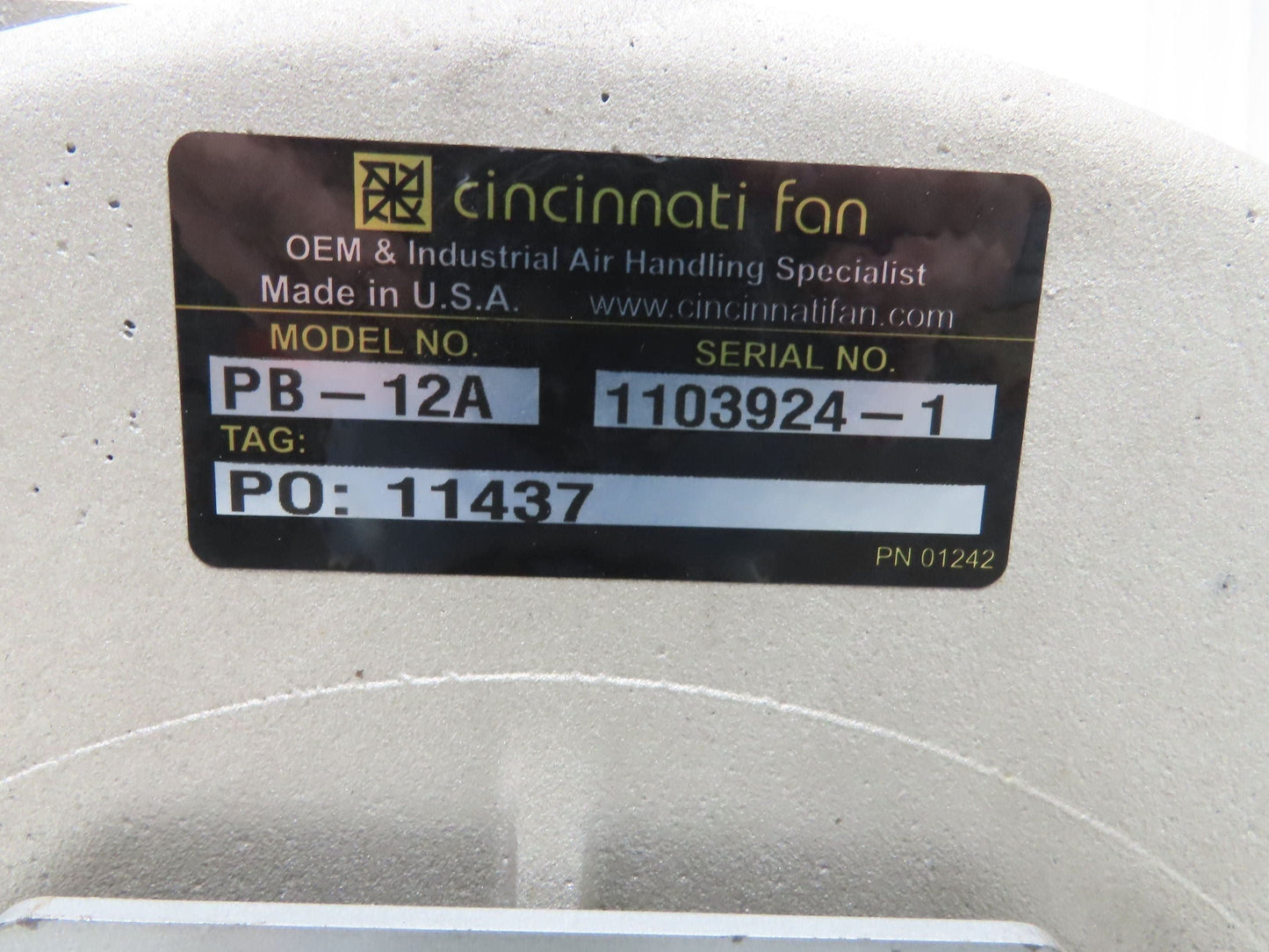 Cincinnati Fan PB-12A Centrifugal Pressure Blower 800cfm 2"SP 230/460v 3Ph 1Hp