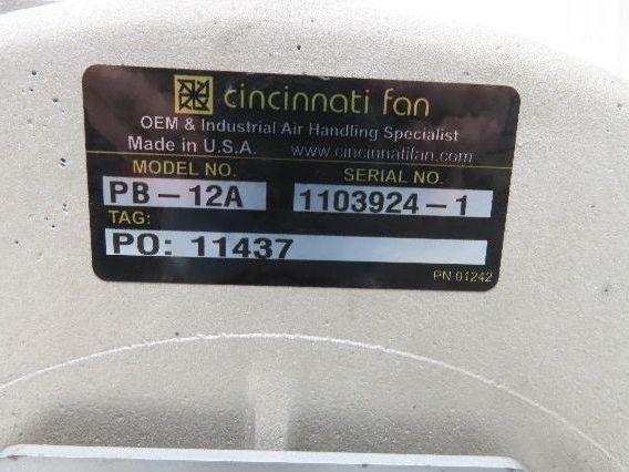 Cincinnati Fan PB-12A Centrifugal Pressure Blower 800cfm 2"SP 230/460v 3Ph 1Hp