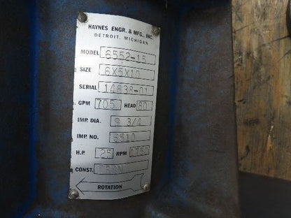 Haynes 6552-15 Vertical Centrifugal Pump 6x5" Flanged 25Hp 705gpm  -No Motor-