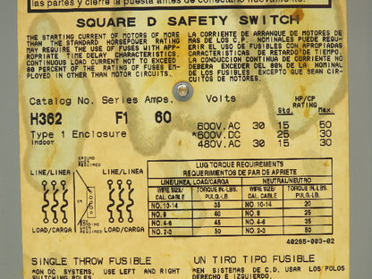 Square D H362 Heavy Duty Fused Safety Disconnect Switch 60A 600VAC Series F1