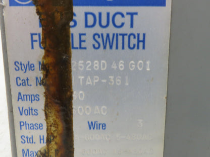 Westinghouse Fusible Busway Disconnect Switch Bus Plug 30A 600VAC 3PH 3W