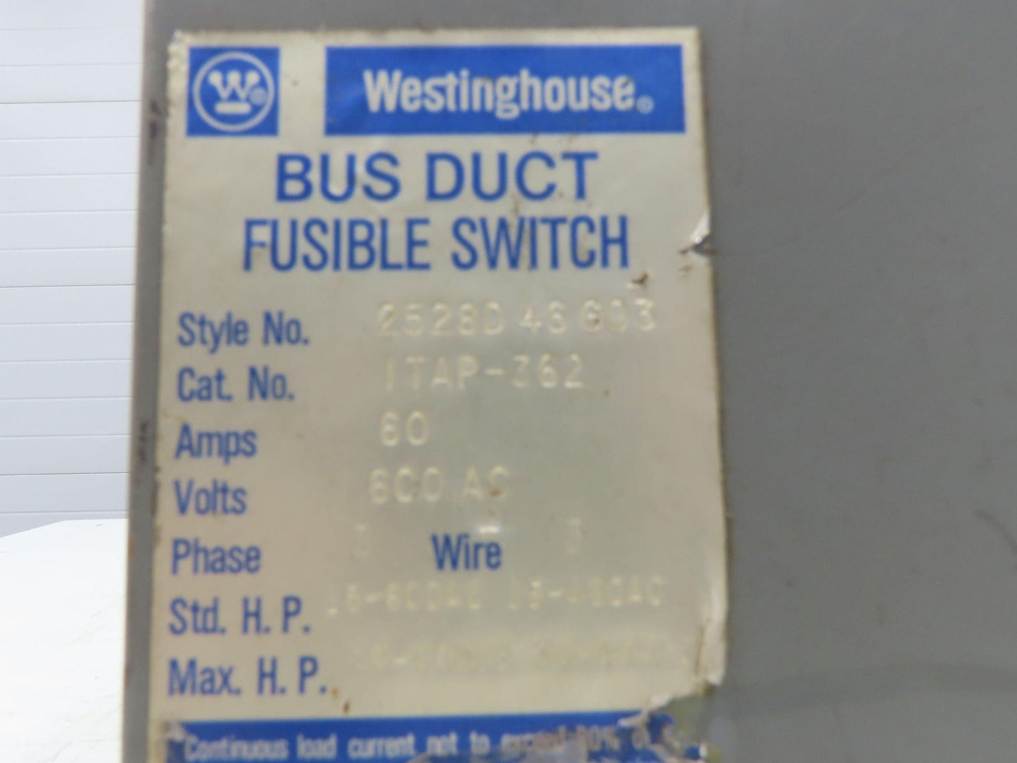Westinghouse Fusible Busway Disconnect Switch Bus Plug 60A 600VAC 3PH 3W