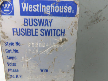Westinghouse Fusible Busway Disconnect Switch Bus Plug 60A 600VAC 3PH 3W