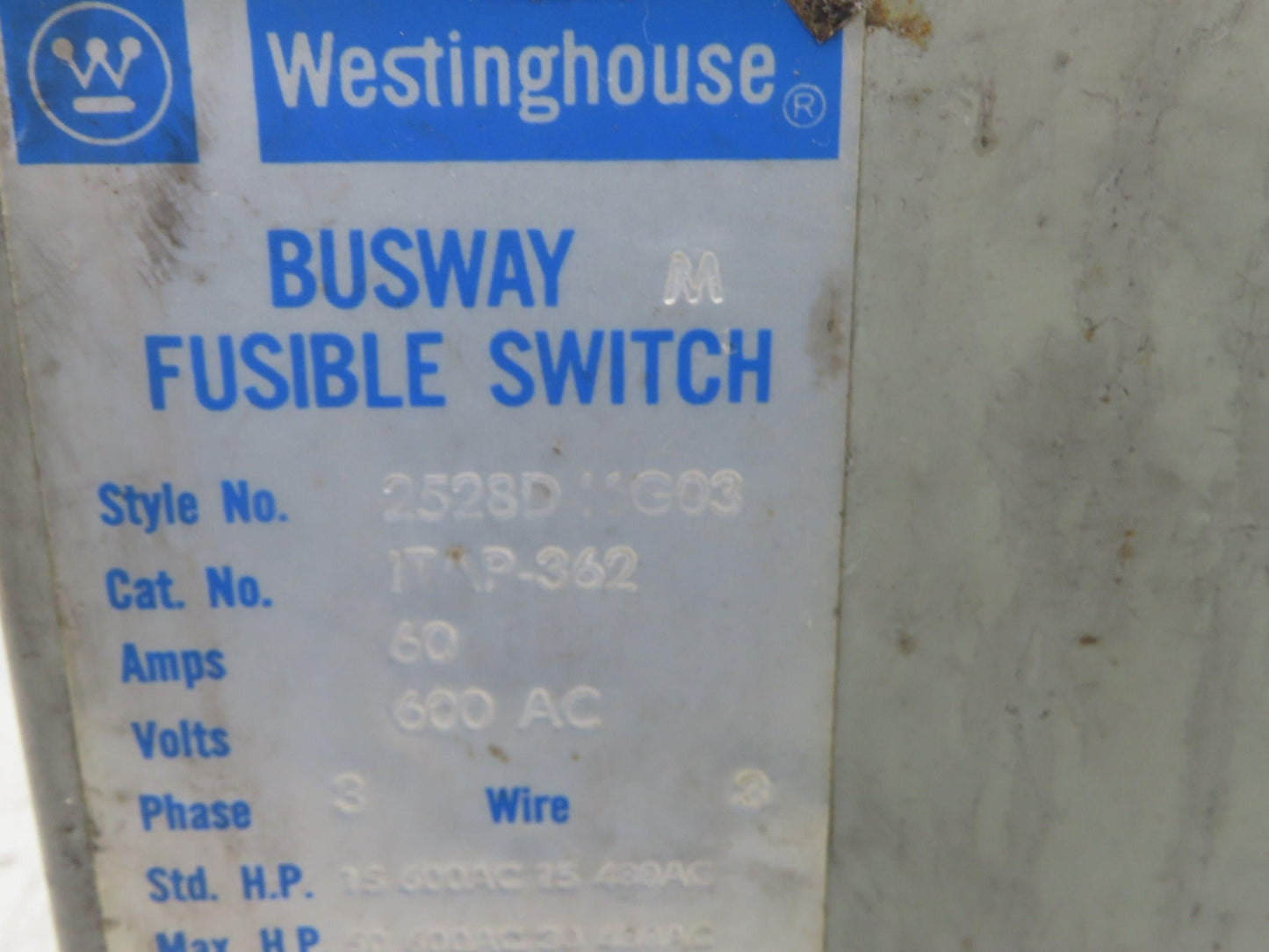 Westinghouse Fusible Busway Disconnect Switch Bus Plug 60A 600VAC 3PH 3W