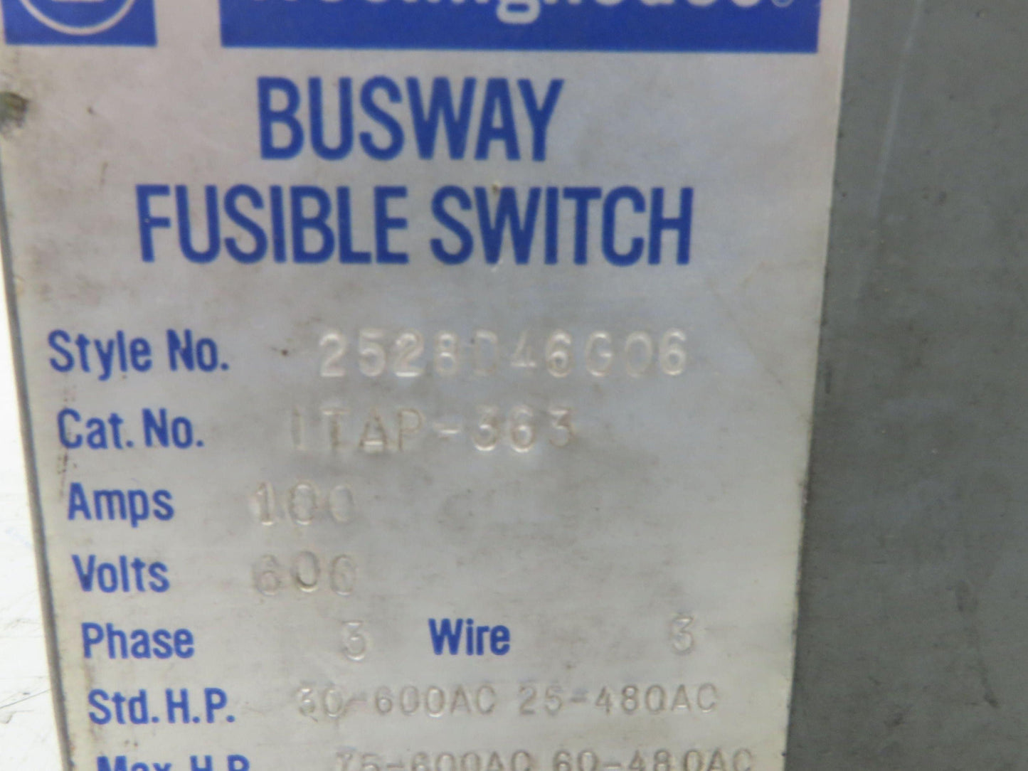 Westinghouse Fusible Busway Disconnect Switch Bus Plug 100A 600VAC 3PH 3W