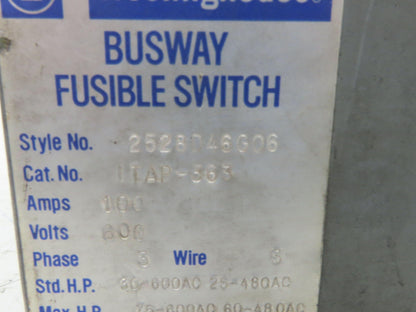Westinghouse Fusible Busway Disconnect Switch Bus Plug 100A 600VAC 3PH 3W