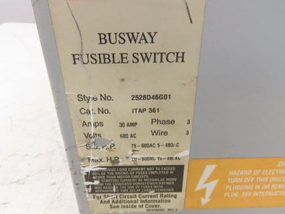 Cutler-Hammer ITAP-361 Fusible Busway Disconnect Switch Bus Plug 30A 600V 3PH 3W