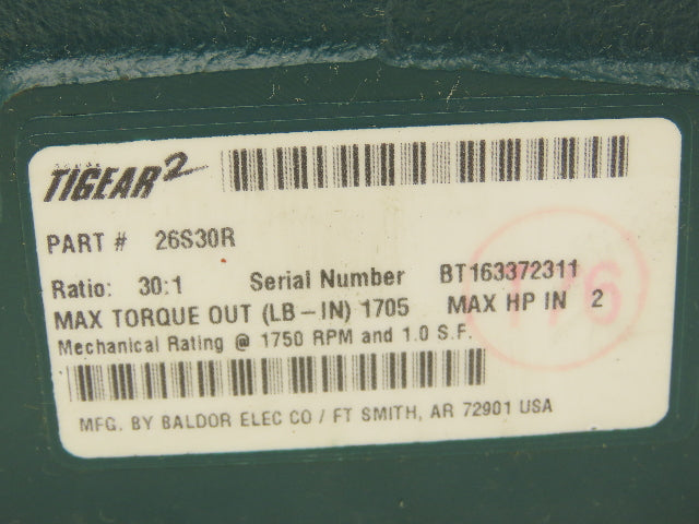 Dodge Tigear-2 26S30R Gearbox 30:1 Reducer 58rpm 2Hp 140TC RH Output 1705 in-lb