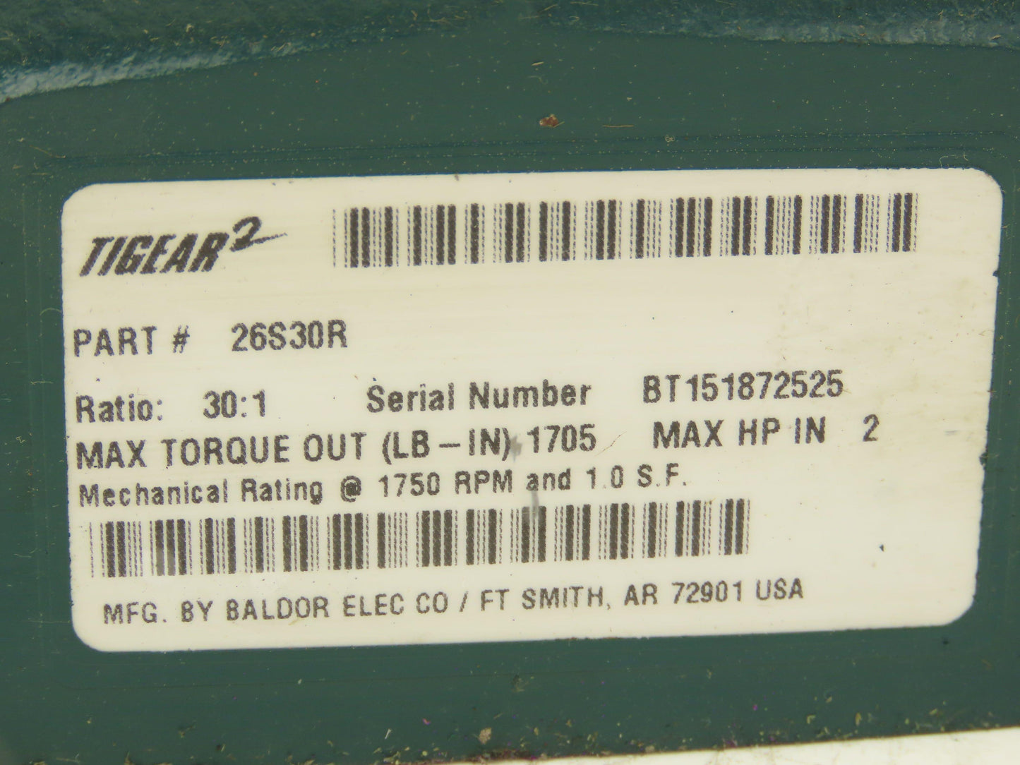 Dodge Tigear-2 26S30R Gearbox 30:1 Reducer 58rpm 2Hp 140TC RH Output 1705 in-lb