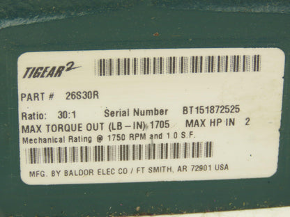 Dodge Tigear-2 26S30R Gearbox 30:1 Reducer 58rpm 2Hp 140TC RH Output 1705 in-lb