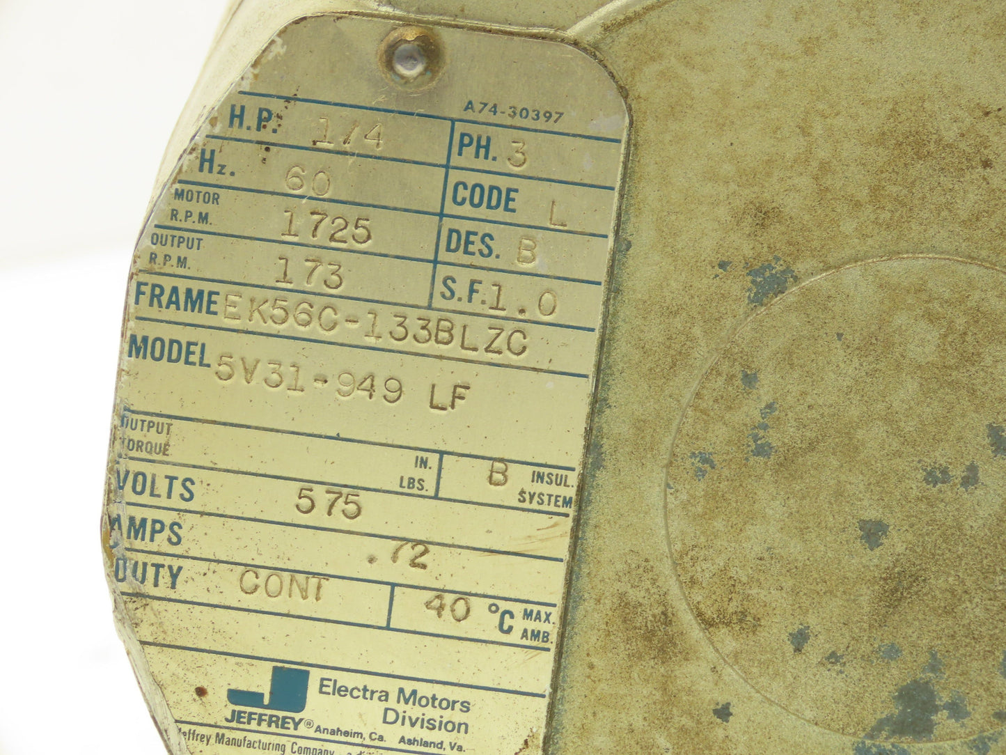 Electra 5V31-949 LF AC Motor 1/4Hp 575v 1725rpm 3Ph EK56C-133BLZC Frame