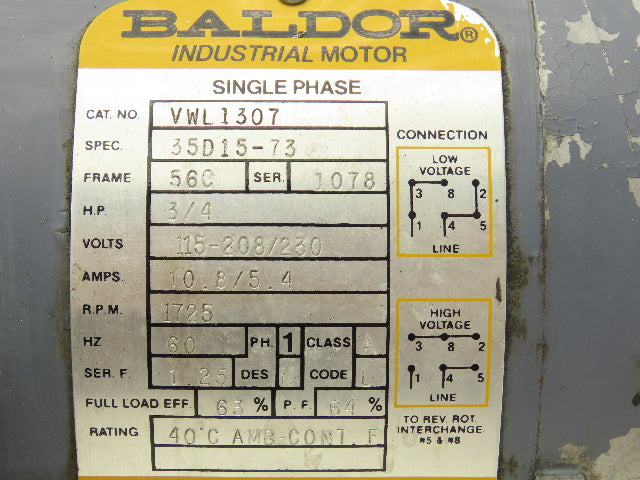Baldor VWL1307 | 35D15-73 AC Motor 3/4Hp 1725rpm 115/230v 3Ph 56C 1.25SF