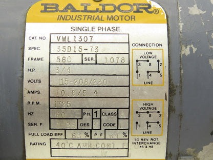 Baldor VWL1307 | 35D15-73 AC Motor 3/4Hp 1725rpm 115/230v 3Ph 56C 1.25SF