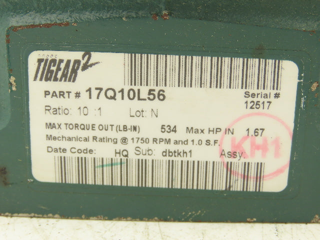 Dodge Tigear-2 17Q10L56 Worm Gearbox 10:1 Reducer 175rpm 1.6Hp 56C LH Output