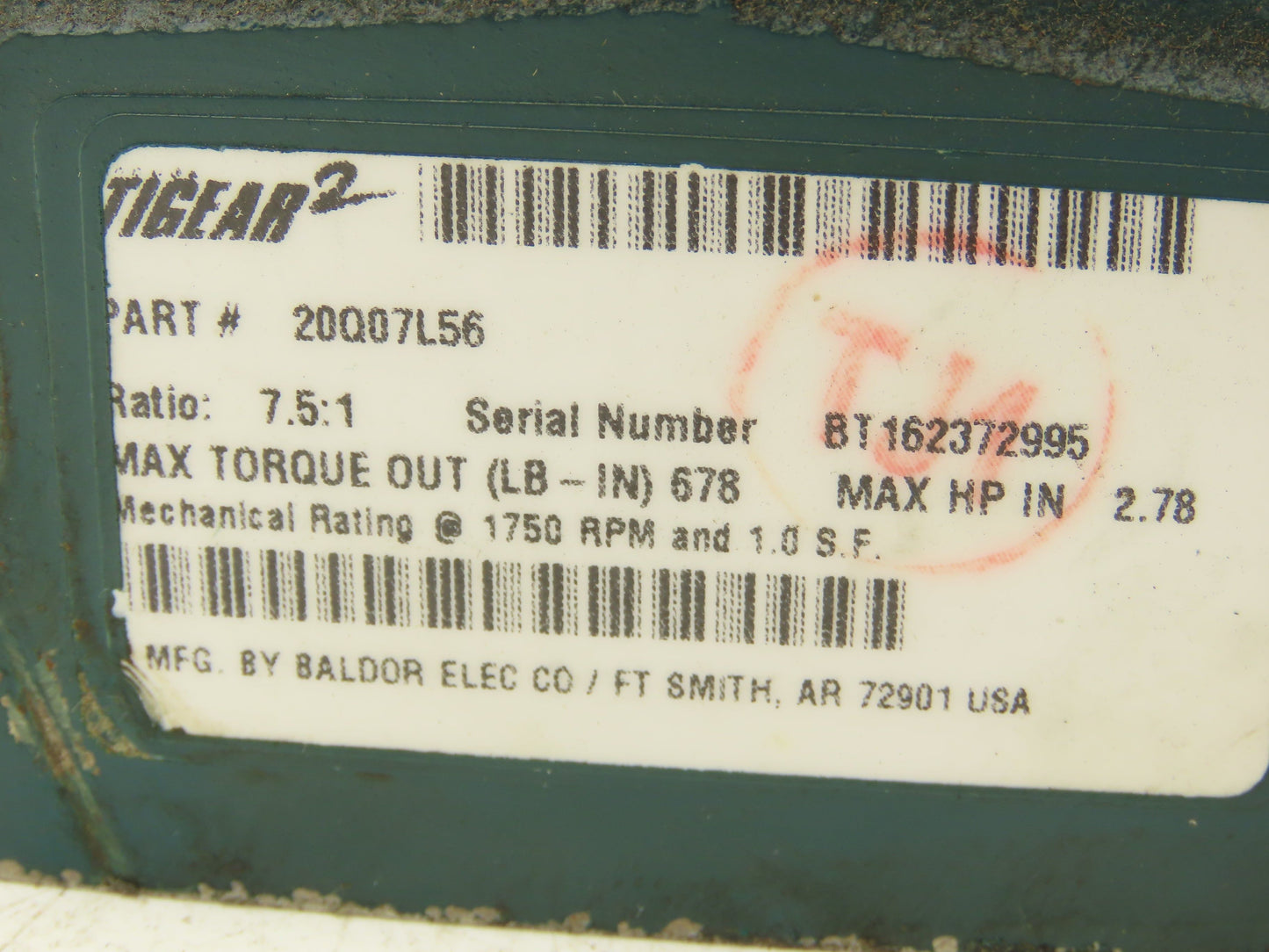 Dodge Tigear-2 20Q07L56 Worm Gearbox 7.5:1 Reducer 233rpm 2.7Hp 56C LH Output