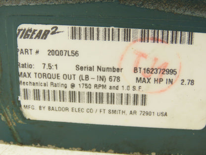 Dodge Tigear-2 20Q07L56 Worm Gearbox 7.5:1 Reducer 233rpm 2.7Hp 56C LH Output