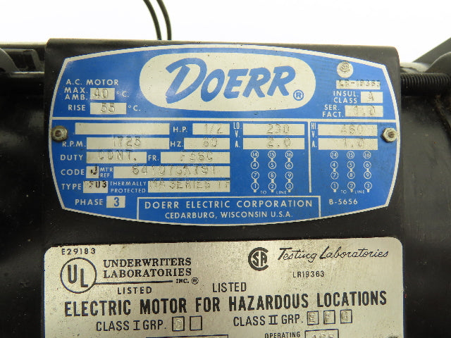 Doerr LR-19363 PFU3 AC Motor Hazardous Locations 1/2Hp 1725rpm 230/460v 3Ph