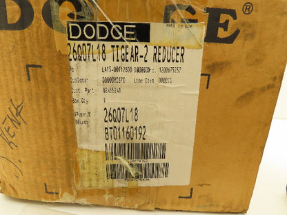 Dodge Tigear 2 26Q07L18 Worm Gearbox 7.5:1 Reducer 233rpm 6Hp 180TC LH Output