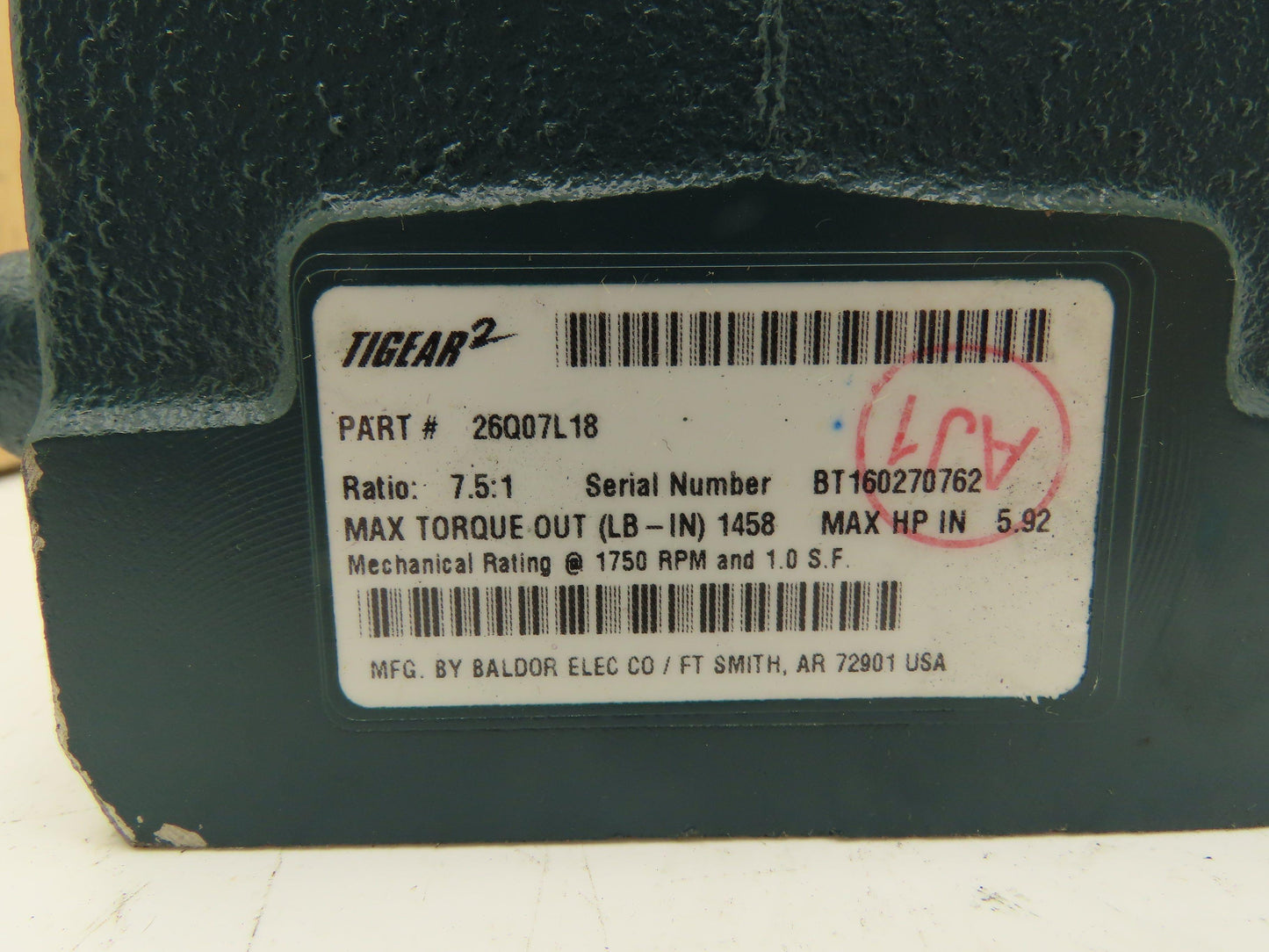 Dodge Tigear 2 26Q07L18 Worm Gearbox 7.5:1 Reducer 233rpm 6Hp 180TC LH Output