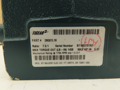 Dodge Tigear 2 26Q07L18 Worm Gearbox 7.5:1 Reducer 233rpm 6Hp 180TC LH Output