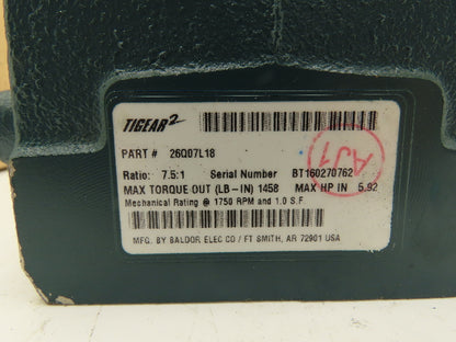 Dodge Tigear 2 26Q07L18 Worm Gearbox 7.5:1 Reducer 233rpm 6Hp 180TC LH Output