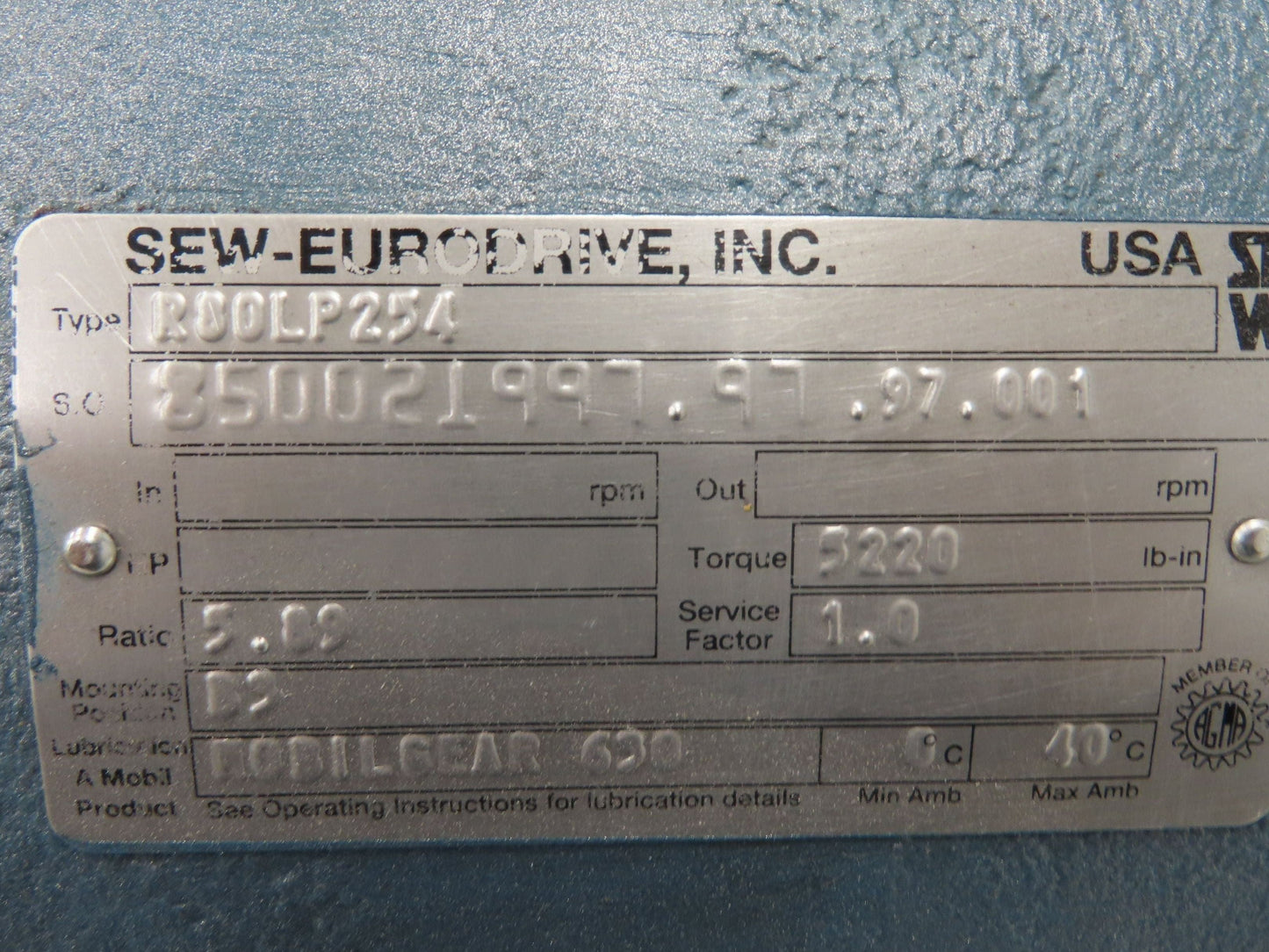 Sew Eurodrive R80LP254 R-Series Inline Helical Reducer 5.89:1 Gearbox 297rpm