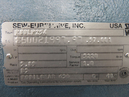 Sew Eurodrive R80LP254 R-Series Inline Helical Reducer 5.89:1 Gearbox 297rpm