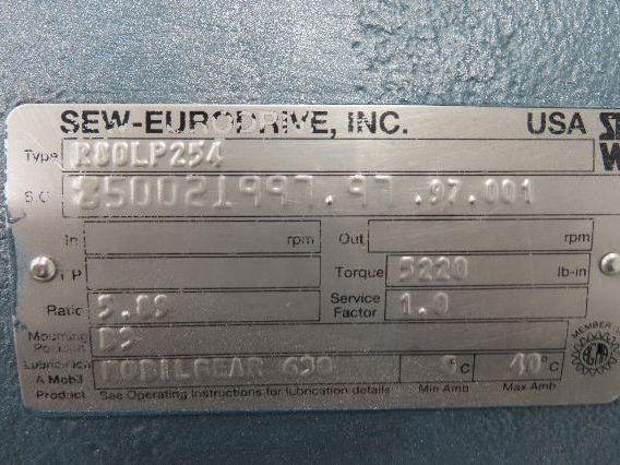 Sew Eurodrive R80LP254 R-Series Inline Helical Reducer 5.89:1 Gearbox 297rpm