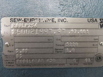 Sew Eurodrive R80LP254 R-Series Inline Helical Reducer 5.89:1 Gearbox 297rpm