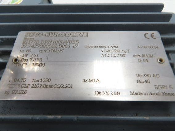 Sew Eurodrive KH77B DRN100L4/BE5 Brake Gear Motor 64.75:1 27rpm 3Kw 220/380V 3PH