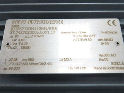 Sew Eurodrive KHF67 DRN112M4/BE5 Brake Gear Motor 27.28:1 65rpm 4Kw 220/380V 3PH