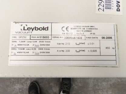 Leybold SP250 ScrewLine Dry Vacuum Pump 330m3/h 11.5kw 210/460V 3Ph Screw Type